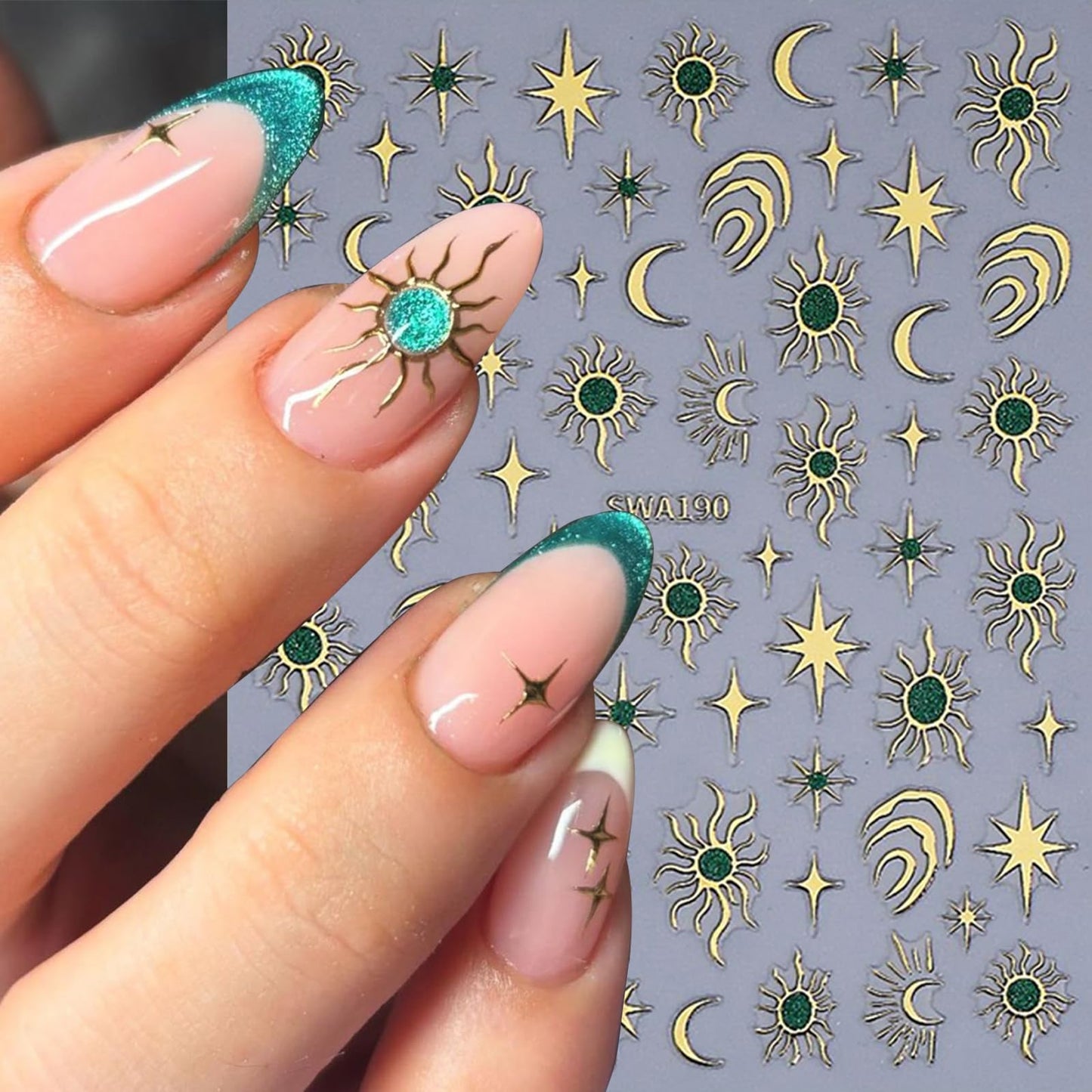 6 Sheet Celestial Nail Art Sticker Moon Star Sun Glitter Design Nail Decals 3D Self-Adhesive Nail Accessories Golden Metallic Nail Supplies Beauty Salon Sticker for Women DIY Manicure Nail Decorations