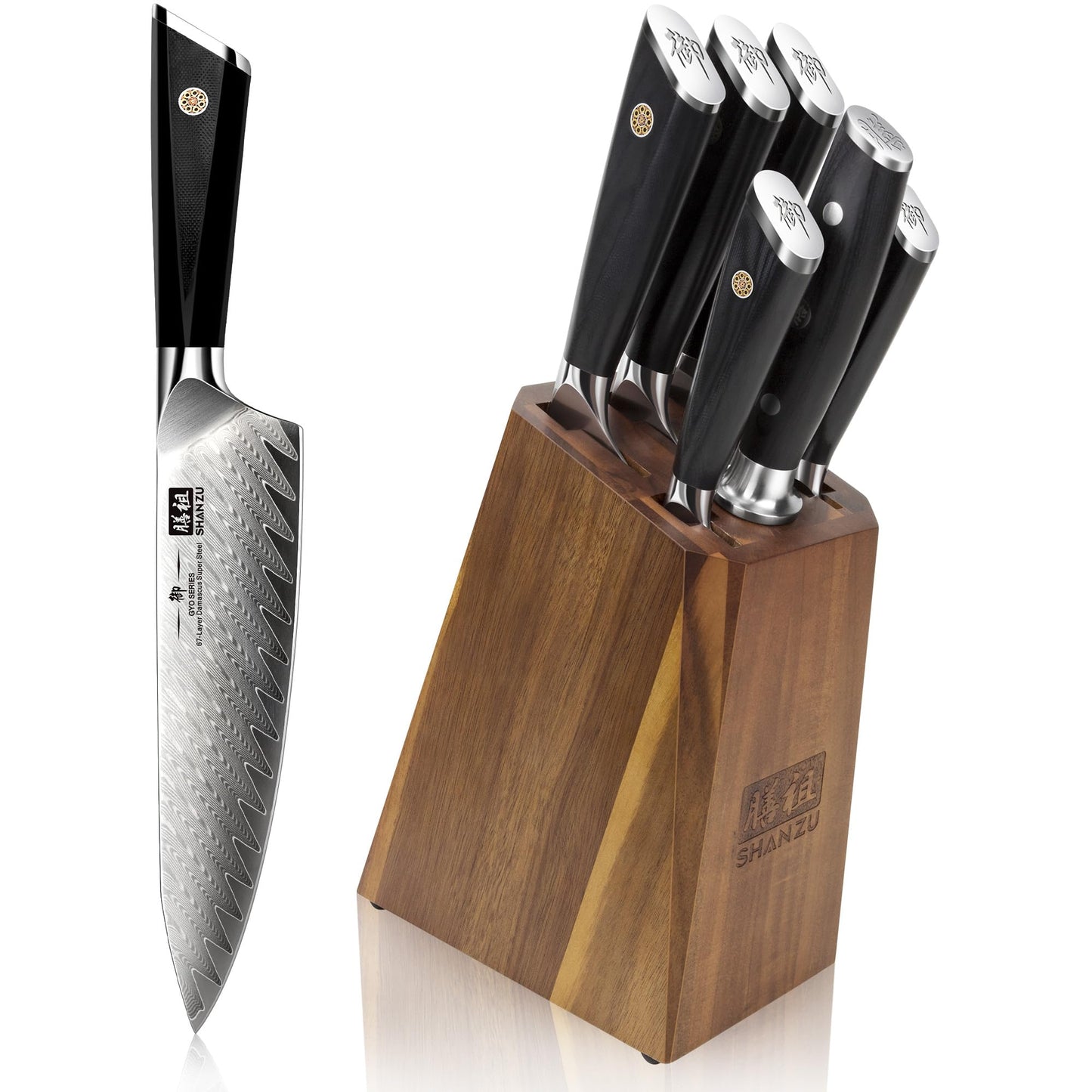 SHAN ZU Damascus Kitchen Knife Set, 7-Piece Professional Knife Sets for Chefs, Japanese 10Cr15CoMoV Super Steel With G10 Handle Knife Block Set, GYO Series