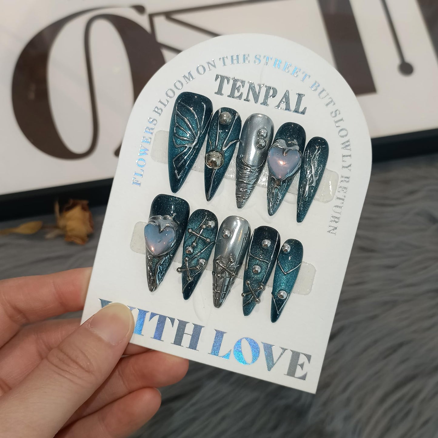 TENPAL Handmade Press on Nails Long Stiletto,Galaxy Ombre Blue-Black Fake Nails with 3D Butterflies Cross Beads Gem Stones,Edgy Y2K Metal Embossed Meteor Glitter Design Salon False Nail Kit 10pcs(XS)