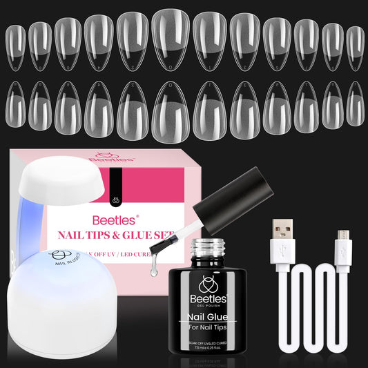 Beetles Gel Nail Kit Amond Shape - 504Pcs Gel Nail Kit Easy Extension Set Etch X Nail Tips Short Almond Half Matte Nail Tips 9 in 1 Glue Uv Led Light Gift for Women