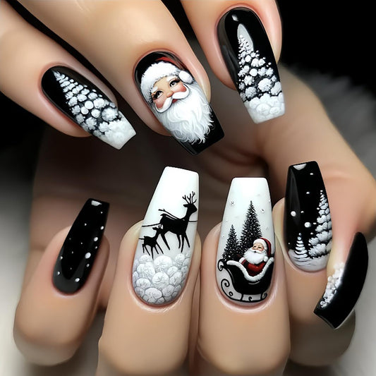 24 Christmas Press on Nails: Medium Coffin Glossy Acrylic False Nails with Santa Claus, Reindeer & Snowflake Designs - Black Press on Nails for Women & Girls