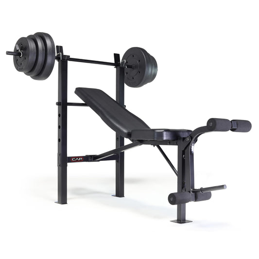 CAP Barbell Standard Weight Bench with Leg Developer and a 100 LB Vinyl Weight Set – Adjustable Backrest, Barbell, and Cement Plates for Home Gym