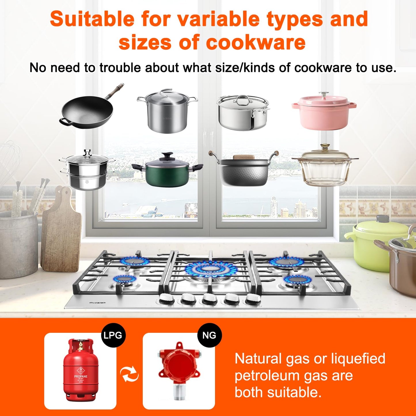 30 Inch Built in Gas Cooktop, 5 Sealed Burners Gas Stove Top, NG/LPG Convertible Propane Cooktop, Auto Ignition, Stainless Steel Surface, Cast Iron Grates, Thermocouple Protection, ETL