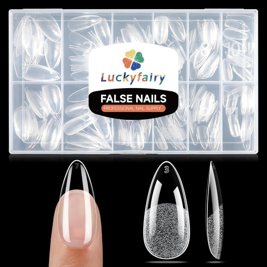 Luckyfairy Medium Almond Nail Tips, 240pcs Soft Gel Pre-Filed Acrylic Almond Fake Nails, Half Matte Full Cover Clear Press on Flase Nail Tips for Nail Extension Home DIY 12 Sizes Gelly Tips