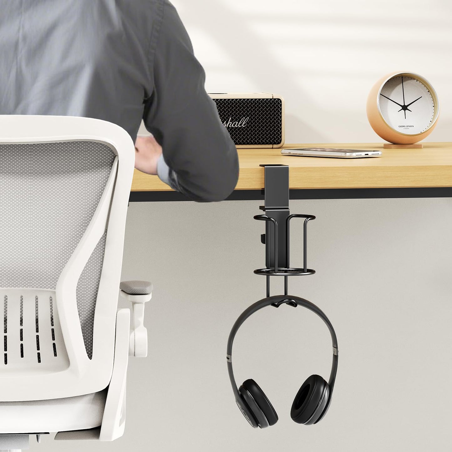 CABTE 2 in 1 Desk Cup Holder with Headphone Hanger Holder, Anti-Spill Clip-On Table Cup Hook with 360° Rotation for Lawn Chair, Office Home Gaming Table (1 Pack)