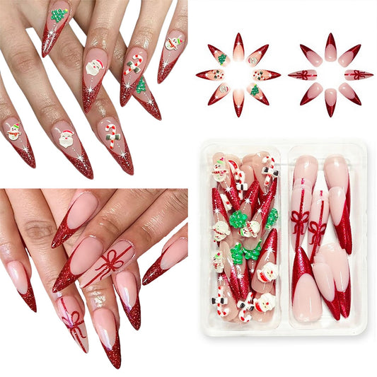 Christmas Press on Nails Kit 48 Pcs Long Stiletto Fake Nails 2 Style Red French Tip False Nails with Xmas Tree Santa Charms Bow Glitter Designs Glossy Glue on Nail Winter Acrylic Nails for Women Girls