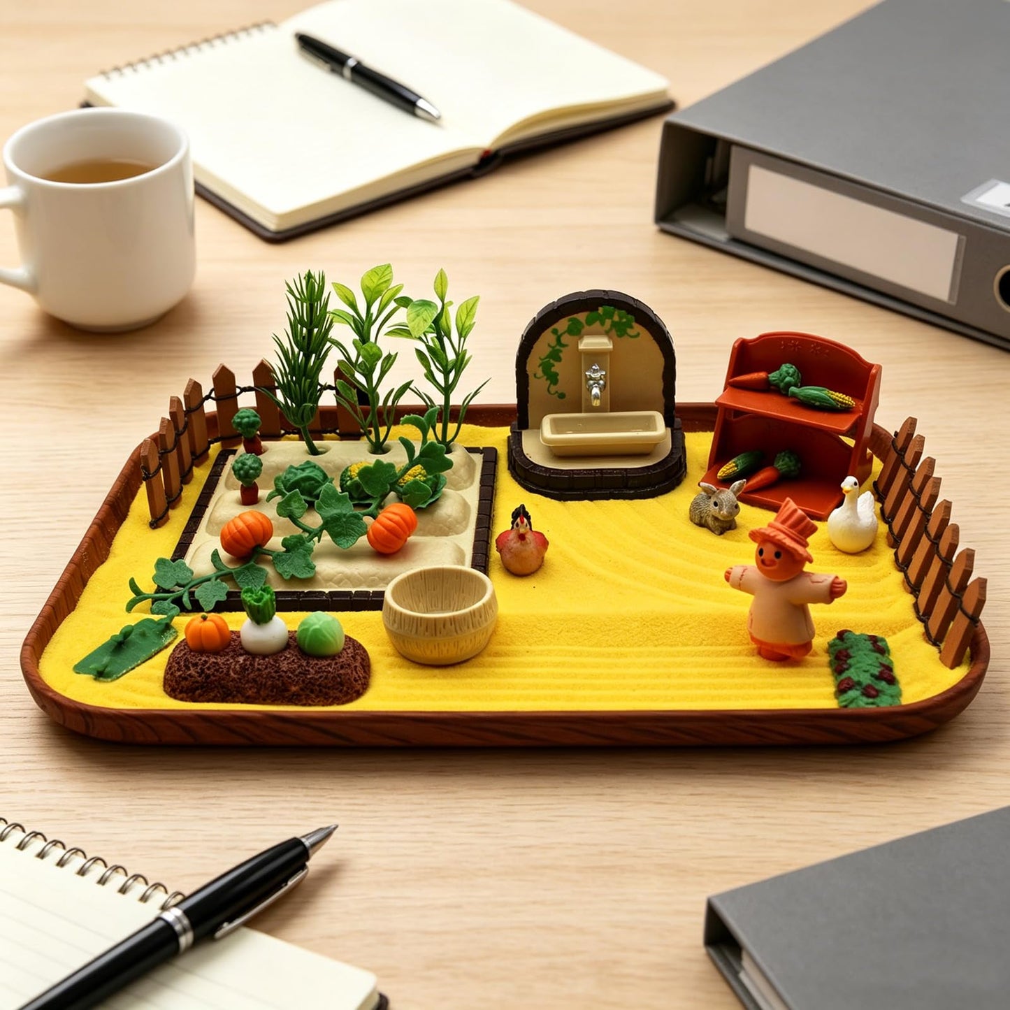 48pcs Zen Sand Garden for Desk,Mini Zen Garden,Vegetable Gardening Themed Sand Tray Therapy Kit with Tray & Rake,Office Stress Relief Toy