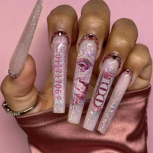 MISUD Press on Nails - Extra Long Square Fake Nails with Dollar Money, Acrylic Bling Glitter Rhinestone Design 24 pcs