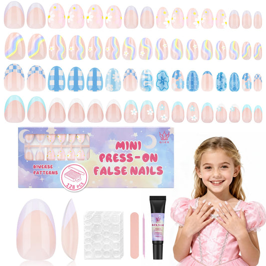 Qiek 16 Sizes 128 Pieces Press on Nails for Kids, 4 pack Kids Nail Kit Colorful Flower Almond Fake Nail Tips for Girls 8-12 Years Old with Jelly Nail Adhesives & Nail Glue Birthday Easter Gifts