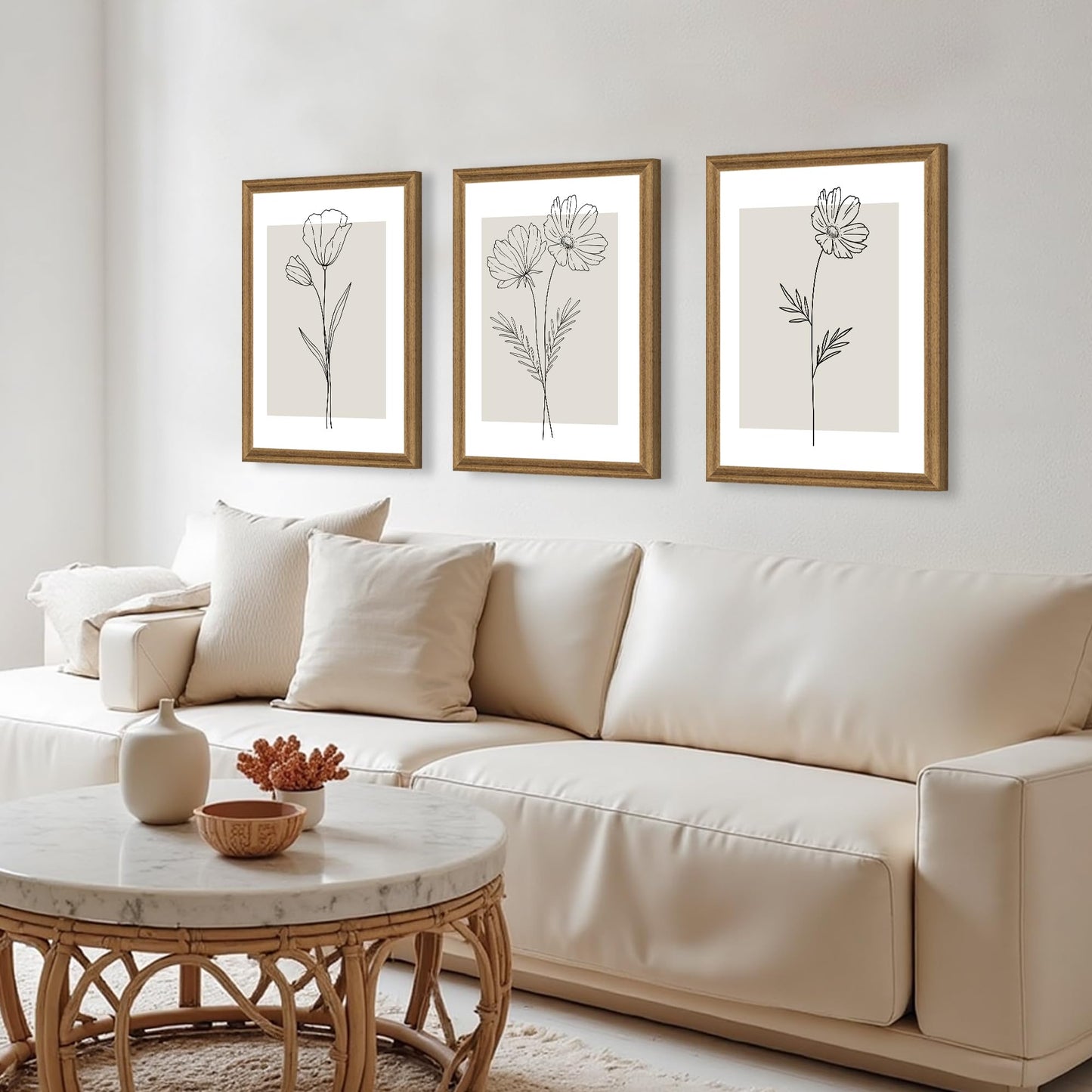 ICHZUMW Neutral Botanical Floral Wall Art, Black and White Farmhouse Flowers Wall Decor, Modern Minimalist Line Art Canvas Prints, Beige Artwork, Living Room Bedroom Home Office, Set of 3, 12x16in