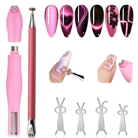 Plman 3 in 1 Heart Magnet for Cat Eye Gel Polish, Double-Head Flower Design Nail Magnetic Pen, Multifunctional Cat Eye Magnet for Nail, Cat Eye Nail Magnet with Nail Magnet Guides (Heart Set-Pink)