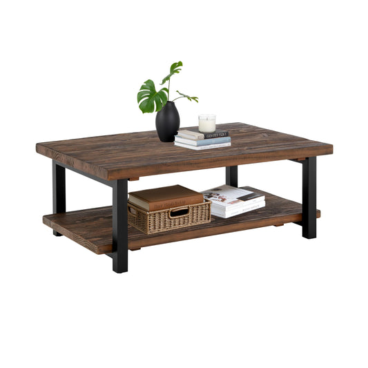 Alaterre Furniture Pomona Living Room 48 Inch Rectangular Solid Wood Coffee Table with Storage Shelf & Metal Legs – Rustic Industrial Farmhouse Large Living Room Table (Rustic Brown)