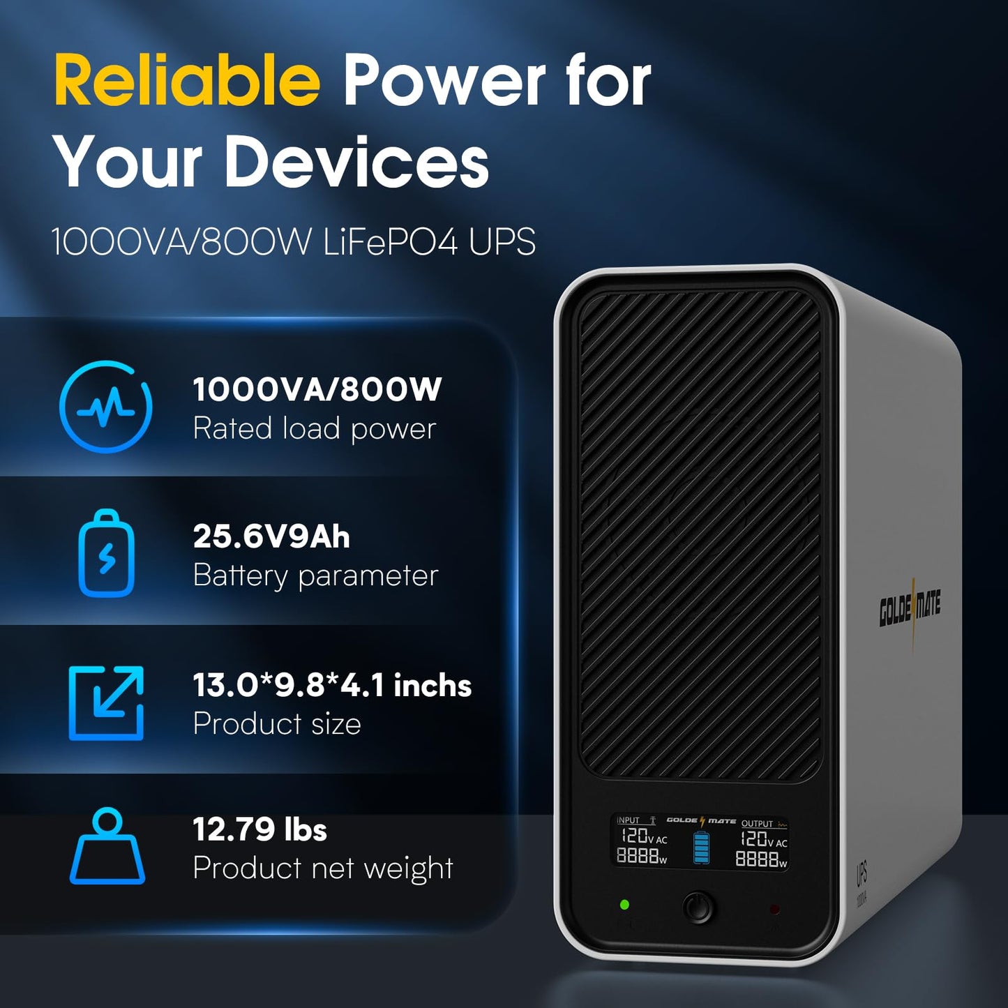 GOLDENMATE 1000VA/800W Lithium UPS Battery Backup and Surge Protector, Backup Battery Power Supply with LiFePO4 Batteries(230.4 Wh), Pure Sinewave UPS System, 8 Outlets, LCD Display, New Upgrade Ver