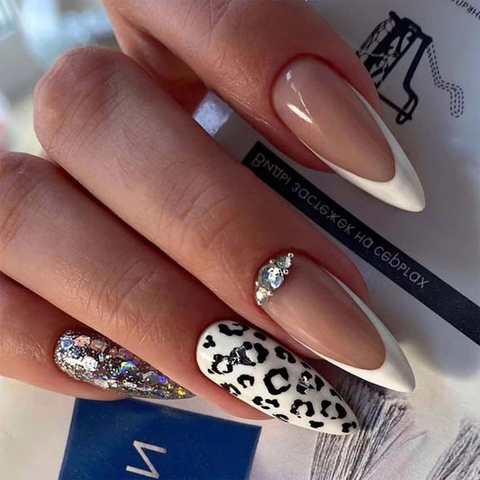 CLYHLTMZ French Tip Press On Nails, Medium Almond Fake Nails - Nude Acrylic False Nails with Leopard Print, Silver Glitter & Rhinestone Accents, Reusable Glue On Nails Kit for Women, 24PCS