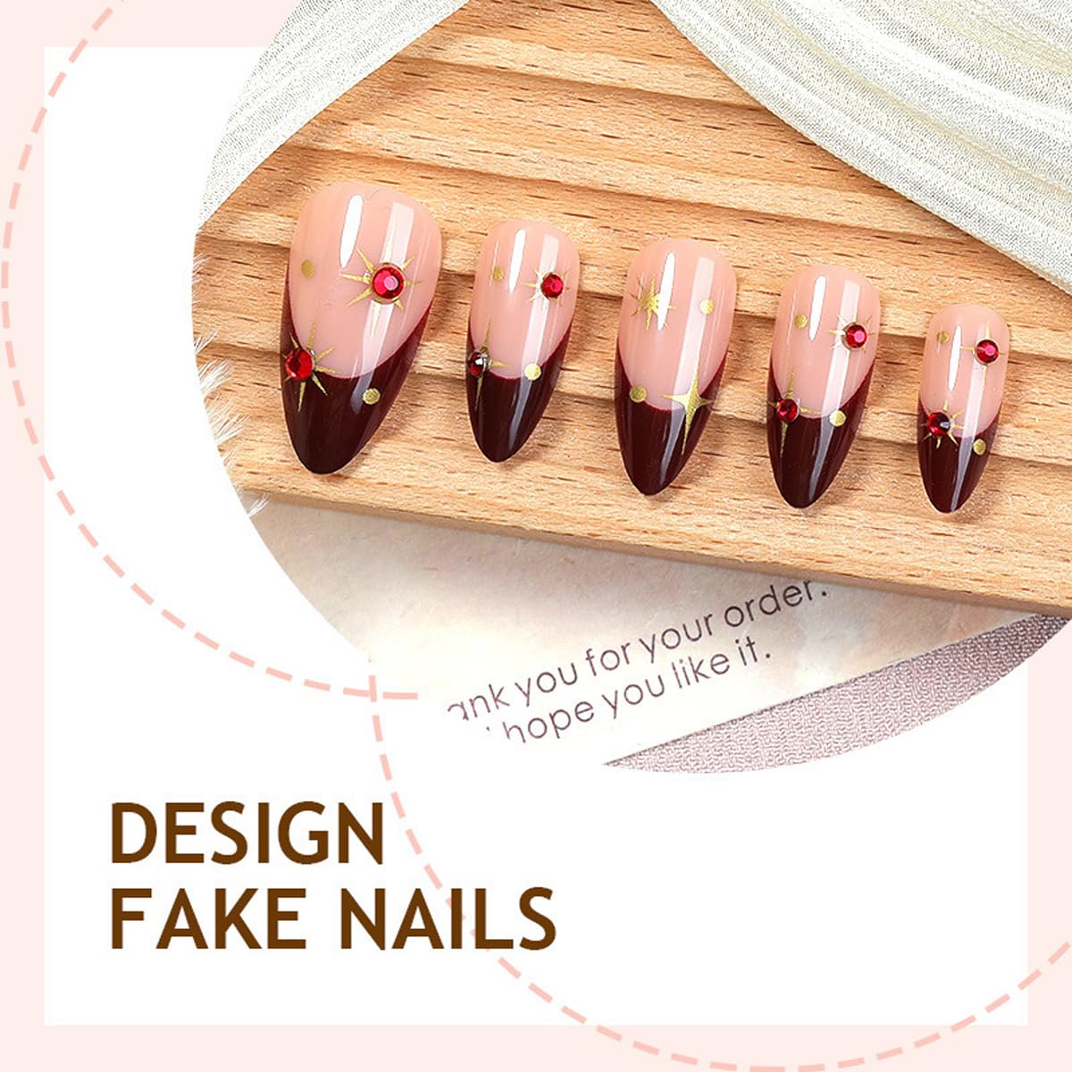 Wine Red French Tip Press on Nails - Medium Almond Fake Nails with 3D Rubby Star Designs False Nails Glossy Glue on Nails Reusable Full Cover Stick on Nails for Women Manicure 24Pcs