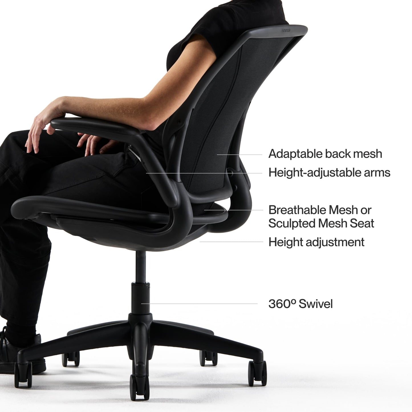 Humanscale World LM Black Catena Mesh Ergonomic Office Chair for Desk with Black Mesh Seat, Adjustable Simple Desk Chair, Black Frame