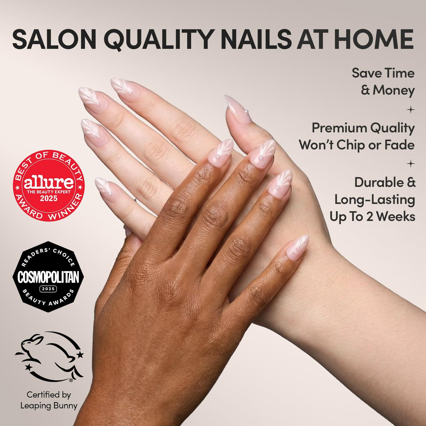 Glamnetic Press On Nails - Honeymoon | Short Almond Nude Fake Nails with 3D Nail Art and Glossy Velvet Finish, Salon Quality | 15 Sizes - 30 Nail Kit with Glue
