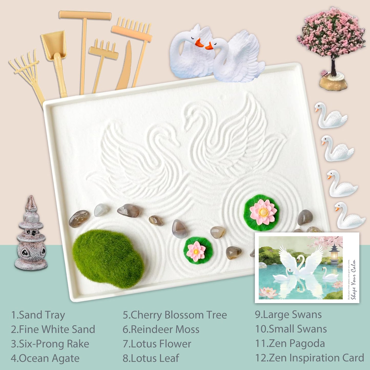 Akisola Zen Garden for Desk, Swan Lake Decor, Sand Tray Therapy Kit for Office - Mini Japanese Décor Sand Garden, Meditation Anxiety Relief, Office Desk Decor & Relaxation Gift (White)