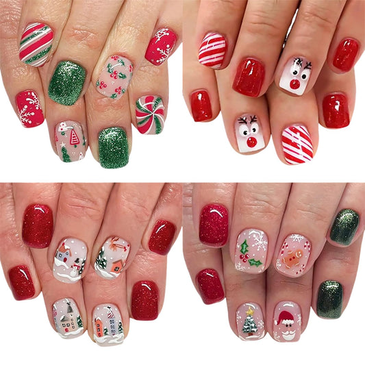 Christmas Press on Nails Kit 96 Pcs Short Square Fake Nails 4 Style Cute False Nails with Reindeer Snowflake Xmas Tree Glitter Designs Red Glossy Glue on Nail Winter Acrylic Nails for Women Girls