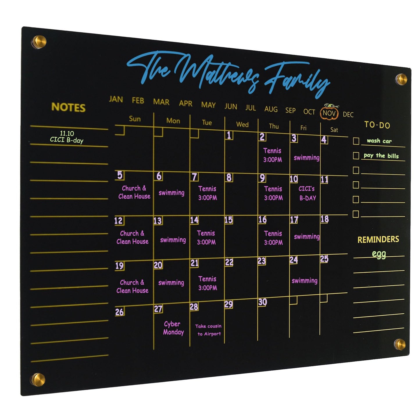 Black Acrylic Calendar Dry Erase for Wall, Family Planner, Monthly Calendar Dry Erase Whiteboard for Home, Office, 17" x 13"Reusable White Board(Acrylic-BK-3343)