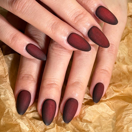 Velvet Matte Burgundy Almond Press On Nails, 10Pcs Reusable Fake Nails Manicure Kit with Adhesive Tabs for Women