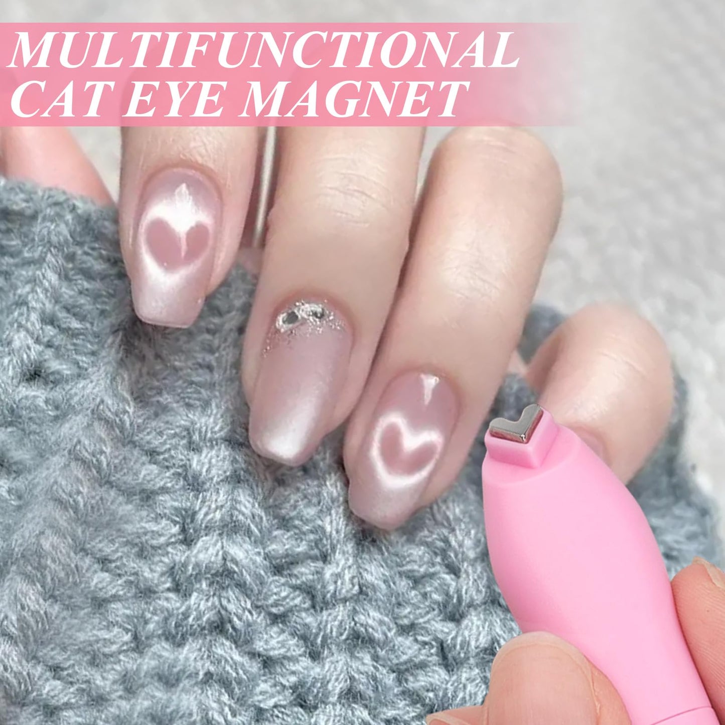 Plman 3 in 1 Heart Magnet for Cat Eye Gel Polish, Double-Head Flower Design Nail Magnetic Pen, Multifunctional Cat Eye Magnet for Nail, Cat Eye Nail Magnet with Nail Magnet Guides (Heart Set-Pink)