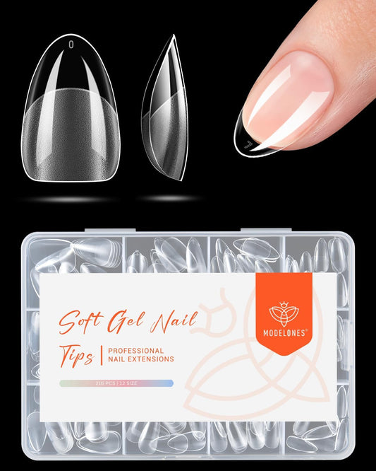 modelones Extra Short Almond Nail Tips, Pre-shaped Tips Gel Soft Fake Nails False Acrylic Clear Full Cover Press on Extension Kit Gel Manicure DIY at Home 216PCS 12Sizes