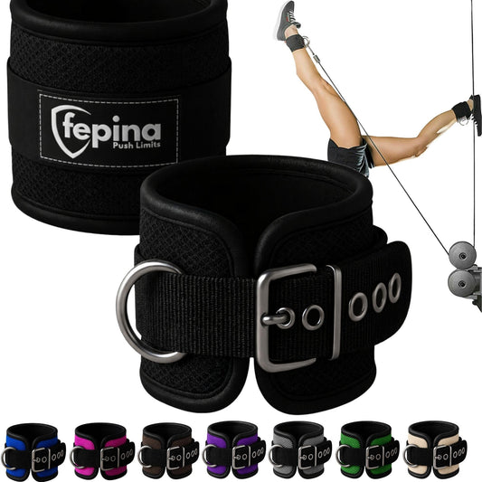 FEPINA Durable Ankle Straps for Cable Machines (2 Pack) – Adjustable Gym Ankle Cuffs for Men & Women, Heavy Duty Buckle Closure, Ideal for Glute Kickbacks, Hip Abductors, Leg & Thigh Workouts (Black, Pair)