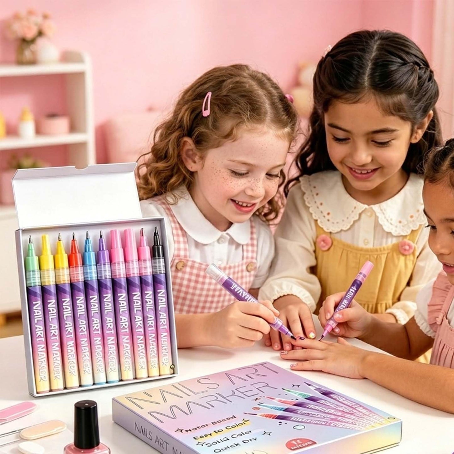 Upgraded 12 Colors Kids Nail Art Pens Set, 0.5mm Ultra-Fine Tip 3D Nail Design Paint Pens, Quick Dry & Waterproof Smooth Ink, Professional Safe Manicure Kit for Girls, Children & Teens