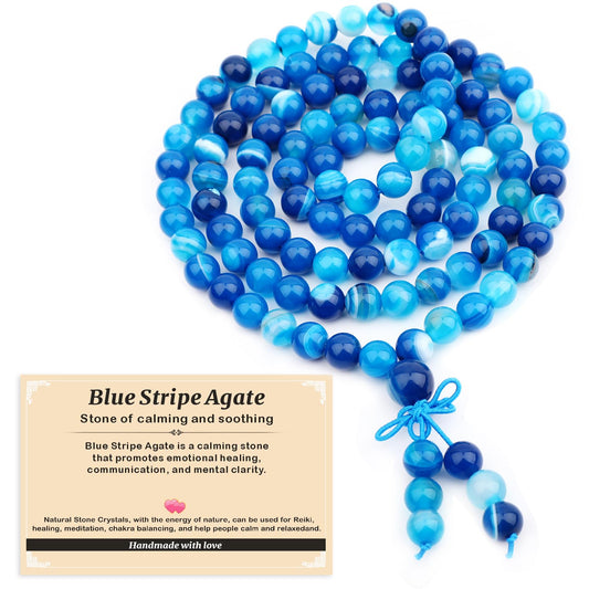 AD Beads 8mm 108 Prayer Mala Blue Stripe Agate Elastic Bracelet - Calming and Soothing - Handmade Yoga Meditation Healing Power Energy Gifts for Unisex Adult.