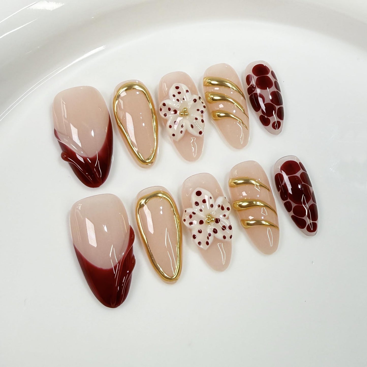 Handmade Press on Nails Almond Summer Nails Reusable 3D Flower Fake Nails French Tip Gold Accent Glue on Nails for Women 10 Count 10 Count M Size
