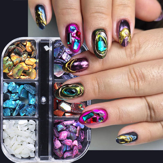 6 Grids Colorful Abalone Shell Stone Nail Gems and Charms 3D Irregular Stone Nail Charms Abalone Shell Texture Designs Nail Rhinestones Colorful Gems Nail Jewelry for Women DIY Manicure Crafts