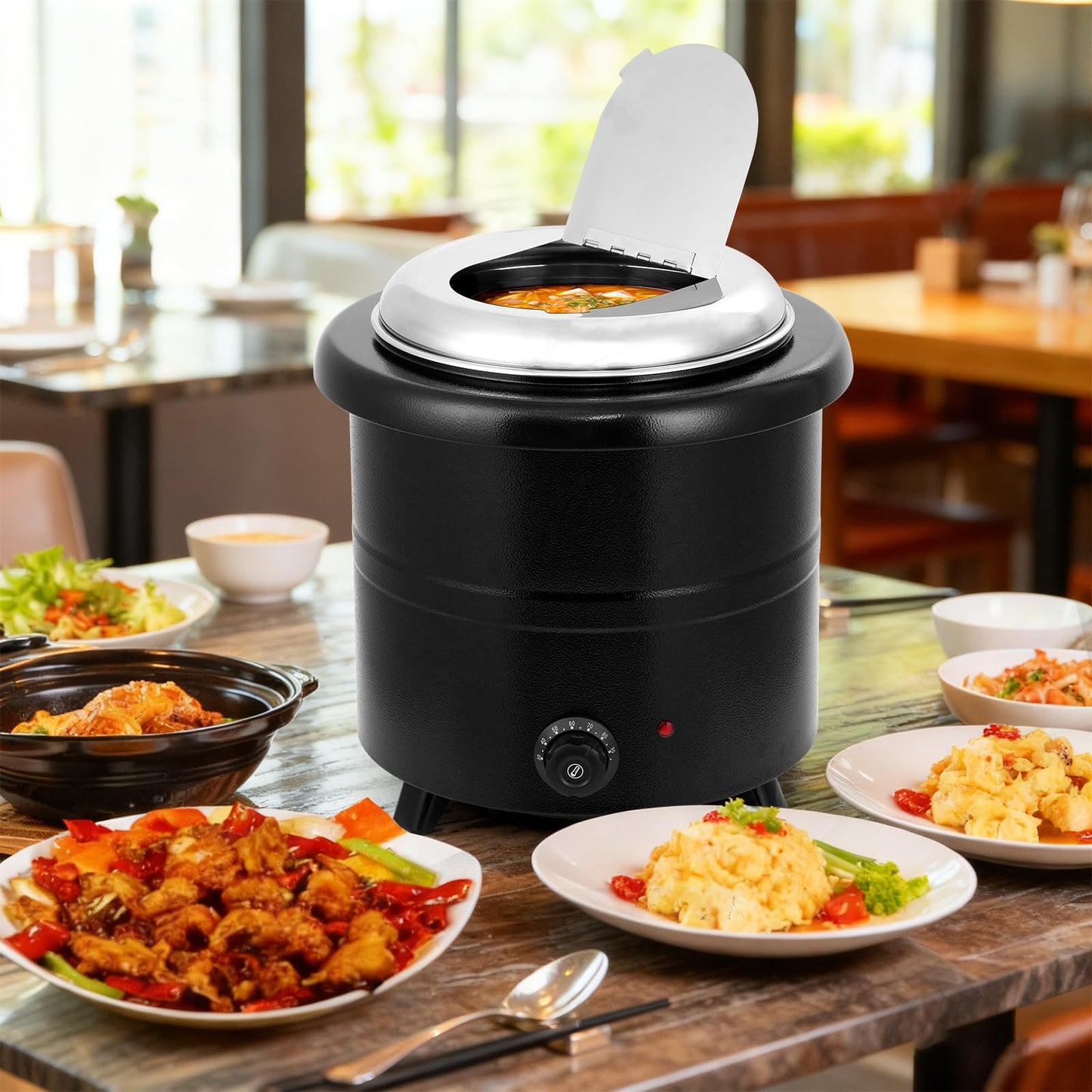 Garvee 13.7QT Commercial Soup Kettle, Automatic Soup Warmer with Anti-Scald Handle and Stainless Steel Removable Insert Pot for Large Banquet & Buffet, Built-in Hinged Lid