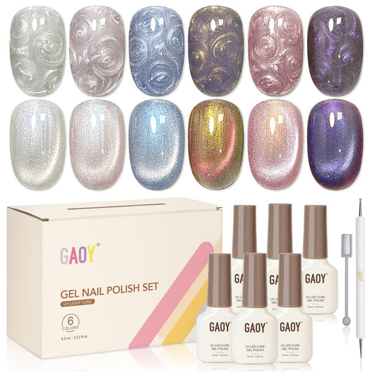 GAOY Pearl Gel Polish Cat Eye Nail Polish Set, 6 Colors Glitter Iridescent Mermaid White Blue Pink Purple with Magnet and Dotting Pen, Holographic Shimmer UV Gel Kit for Nail Art Salon