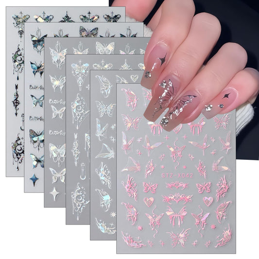 6Sheet Shiny Butterfly Nail Art Sticker,3D Holographic Black Pink Butterfly Nail Stickers Embossed Pendant Design Nail Decals Stars Heart Nail Sticker for Women DIY Nail Art Decoration