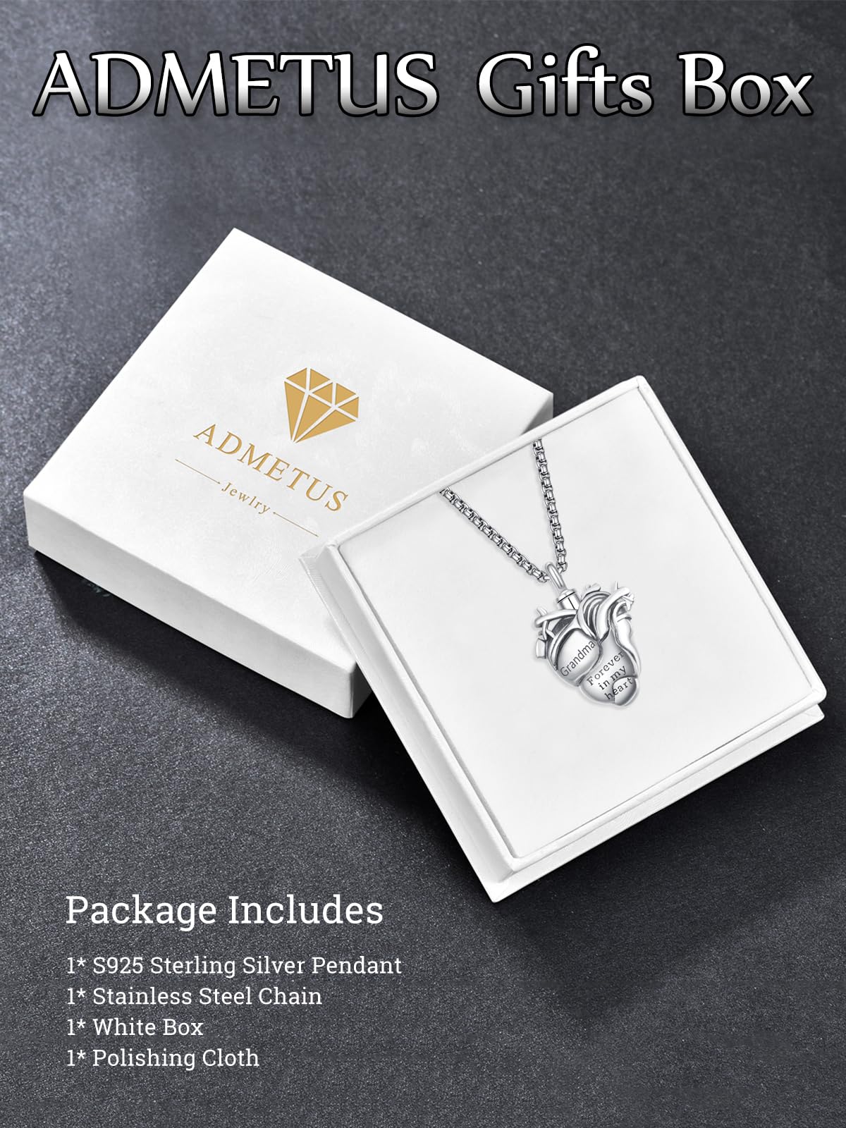 Personalized Anatomical Heart Urn Necklaces for Ashes Sterling Silver Ash Pendants Cremation Jewelry Grandma Keepsake Pendant Memorial Jewelry Gifts for Loss of Grandma
