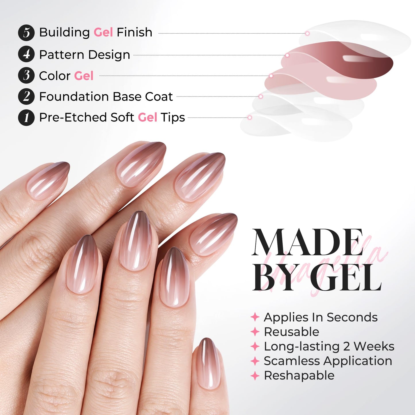 UNA GELLA 32Pcs Soft Gel Press on Nails - 16 Sizes Brown Ombre Chrome Almond Glue on Nails, Reusable Metallic Gradient Short Almond False Nails, Full Cover Acrylic Nail Kit for Women DIY Home Manicure