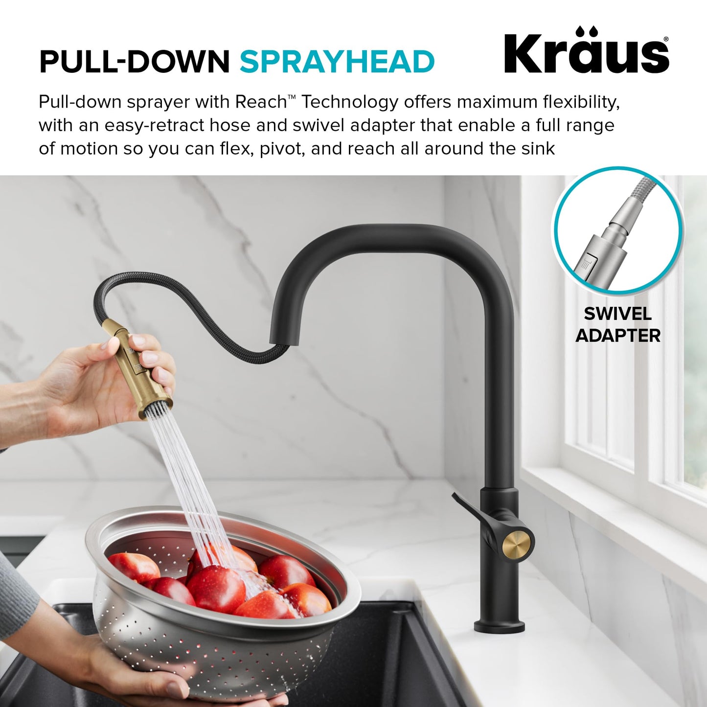 KRAUS Torak Pull Down Kitchen Faucet in Matte Black with 2 Function Sprayer, Pre-Attached Water Lines, and Mounting Hardware, KPF-2841MB