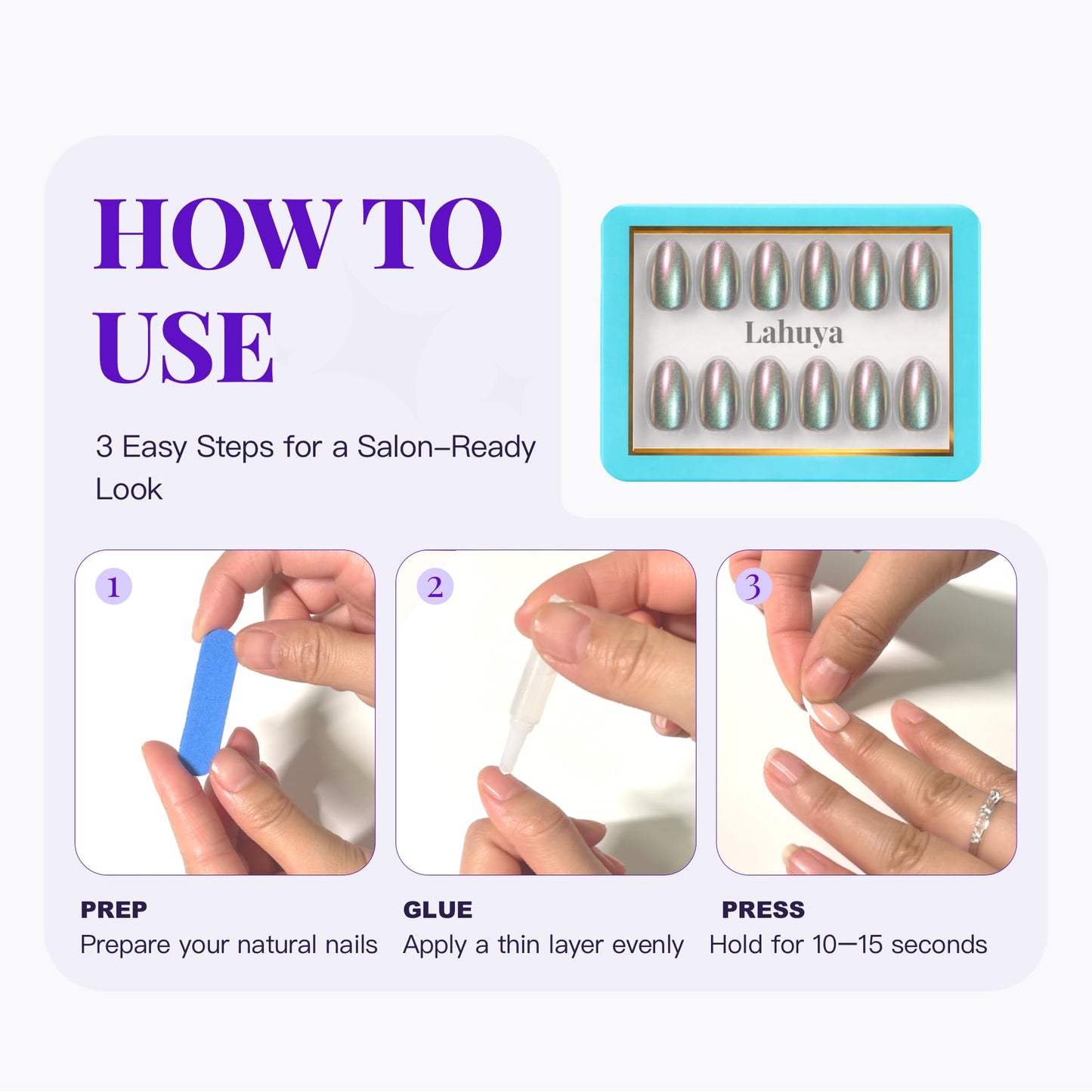 Lahuya Press On Nails - Aurora Pearl | Nail Artist Designed Short Oval Fake Nails with Iridescent Pearl Chrome Finish, Glossy Finish, Salon Quality | 15 Sizes - 30 Nail Kit with Glue