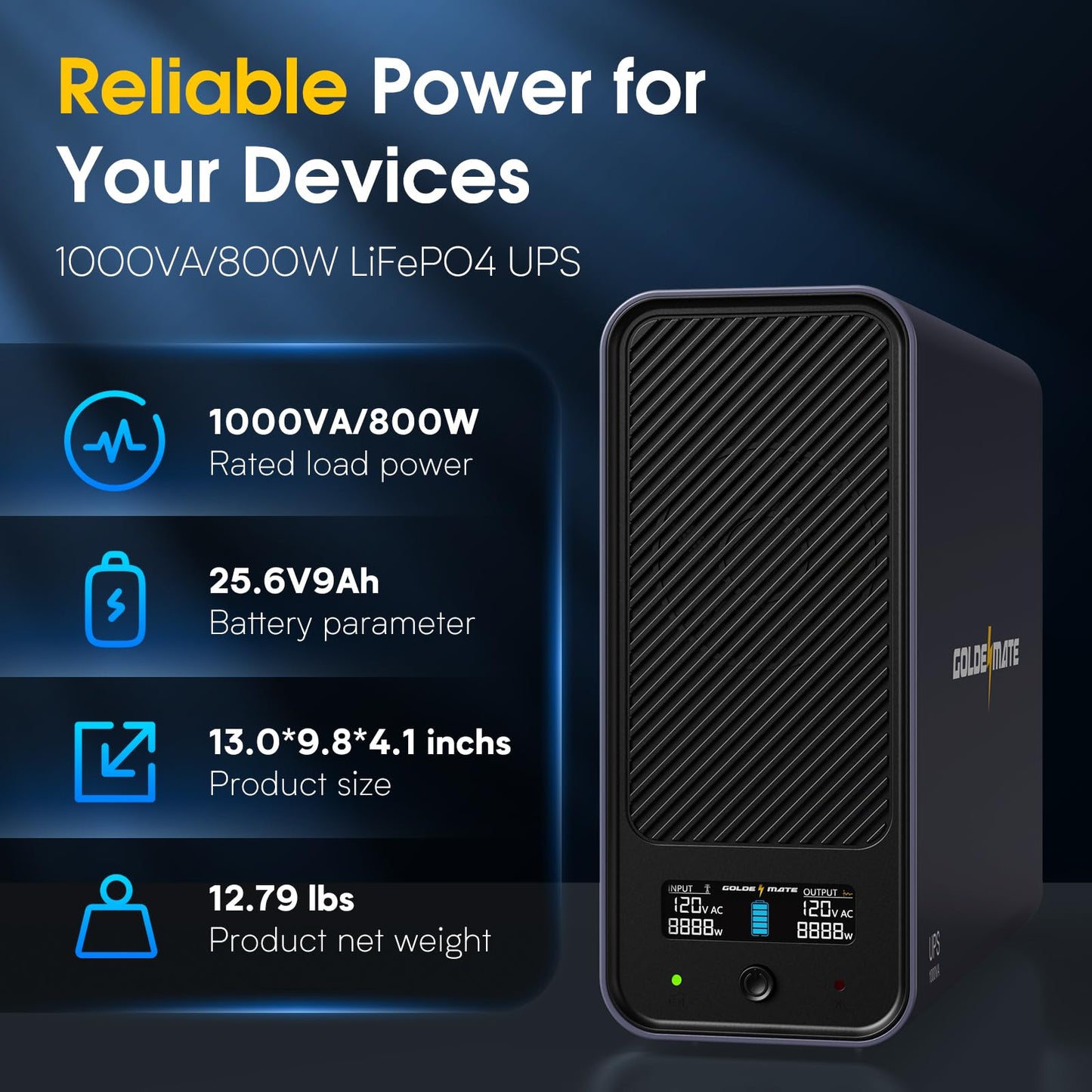 GOLDENMATE 1000VA/800W Lithium UPS Battery Backup and Surge Protector, Sinewave UPS System with LiFePO4 Battery(230.4 Wh), 2025 Upgraded Pro Ver. with Communication Port, 8 Outlets, LCD Display, Gray
