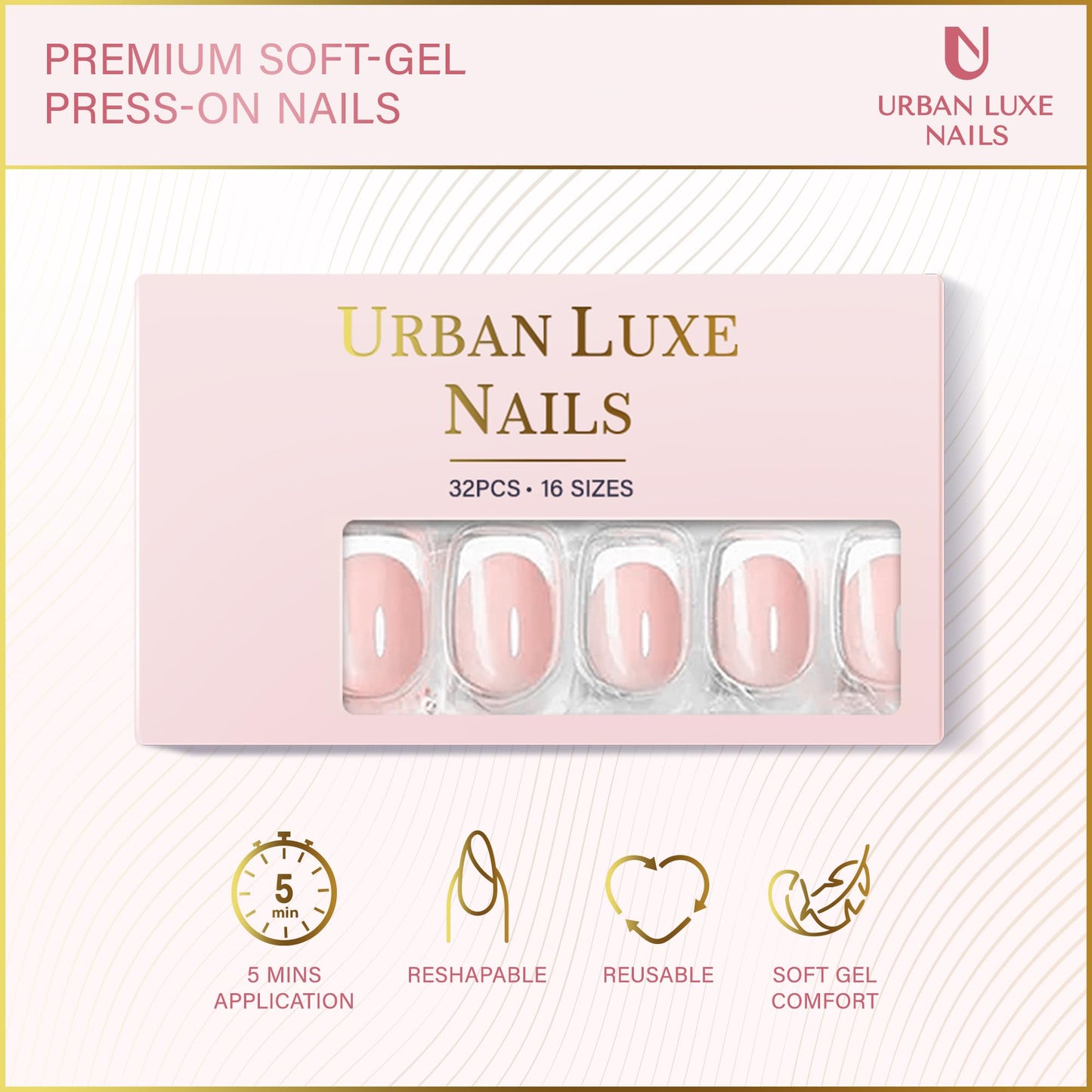 Urban Luxe Nails Premium Press On Nails - Short French Tip Press On Nails with Salon-Quality Finish, 32-Piece Reusable Set with Adhesive Tabs, Includes Jelly Glue for Nails & Prep Tools