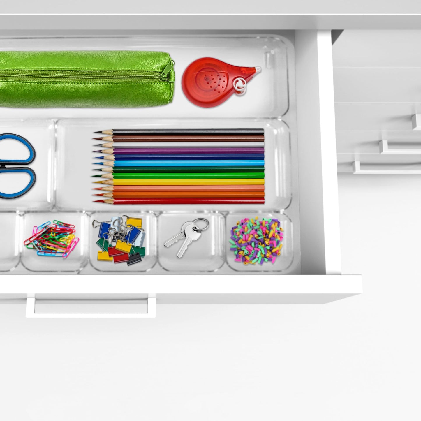 Manaloom Desk Drawer Organizer Tray with 9 Storage Compartments - For Home and Office - Drawer Organizers Office, Perfect Organizing Pens, Pencils, Paper Clips, Sticky Notes - Clear - 2 Pack