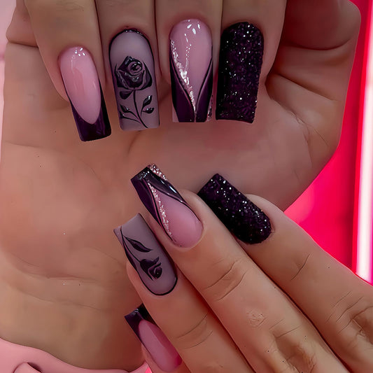 MISUD Press on Nails - Long Square Glue on Nails with Goth Black, Acrylic Gothic Rose Design 24 pcs