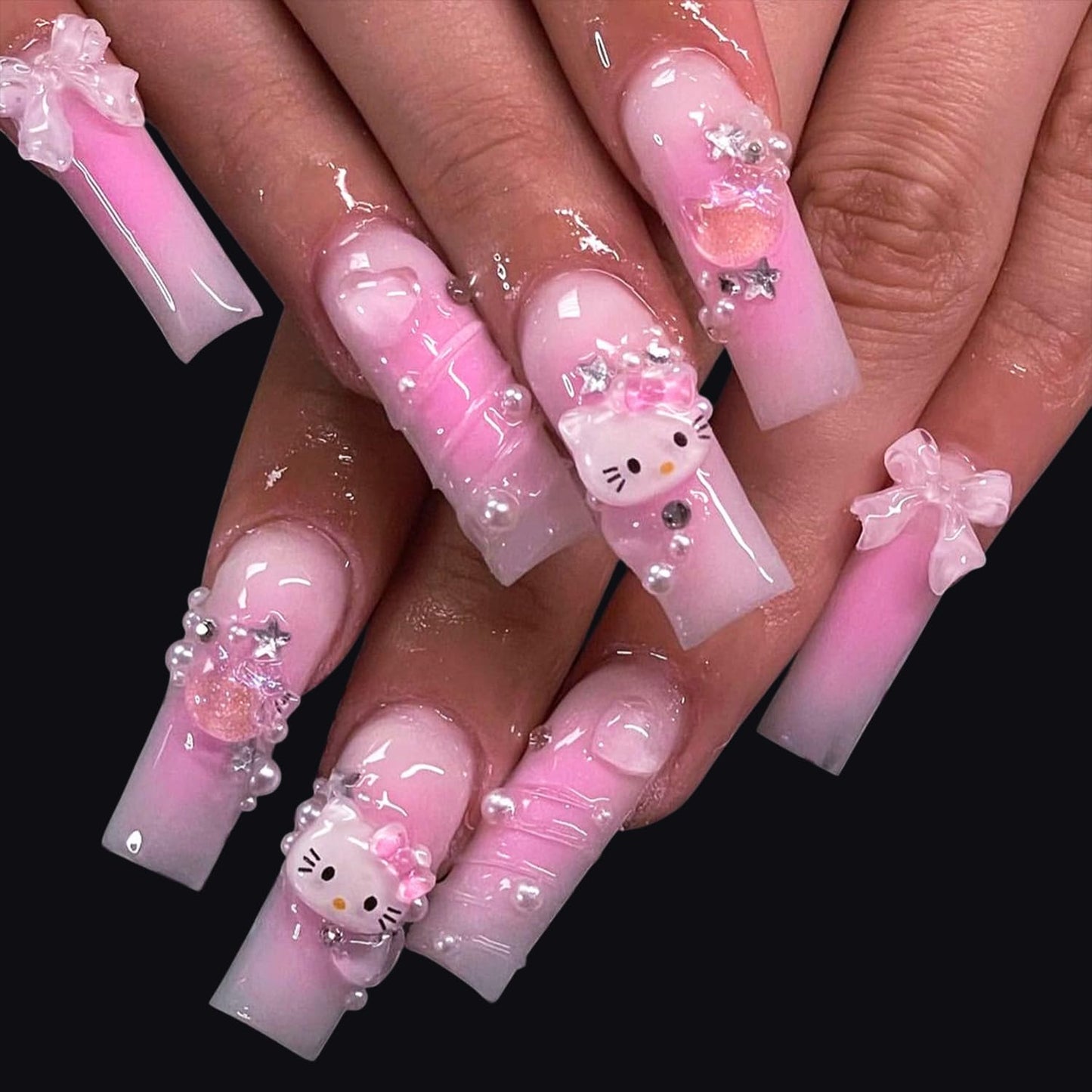 24Pcs Pink Press on Nails Long Coffin Fake Nails with Cute Rhinestones Designs 3D Bow Acrylic Nails Full Cover Cute Cartoon False Nail Set Diamond Star Bow Stick on Nails for Women