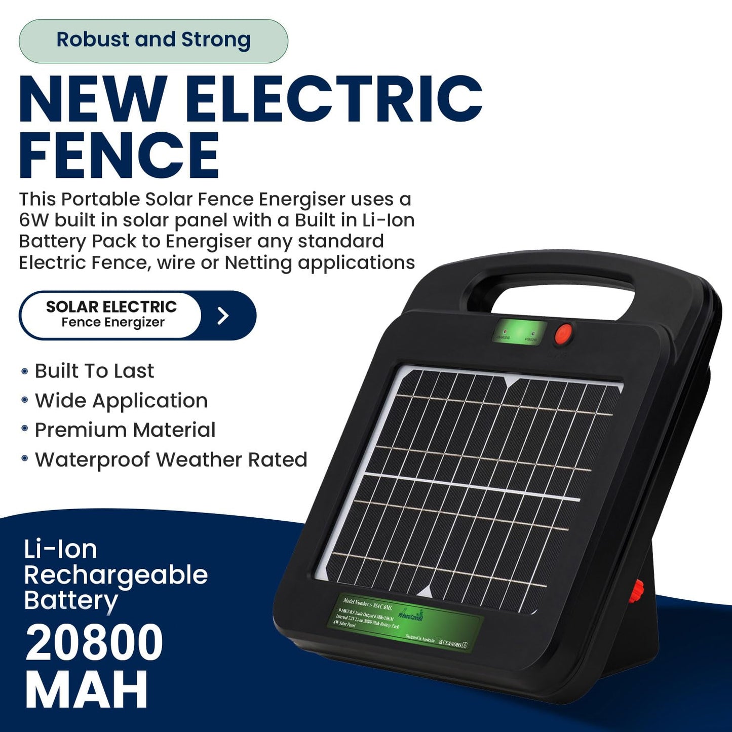 My Animal Command Solar Powered Electric Fence Charger 0.5 Joules Output (9-10KV) with Lithium Battery Energizer Containment & Protection of Livestock Horses Cattle Sheep Pets Easy Install