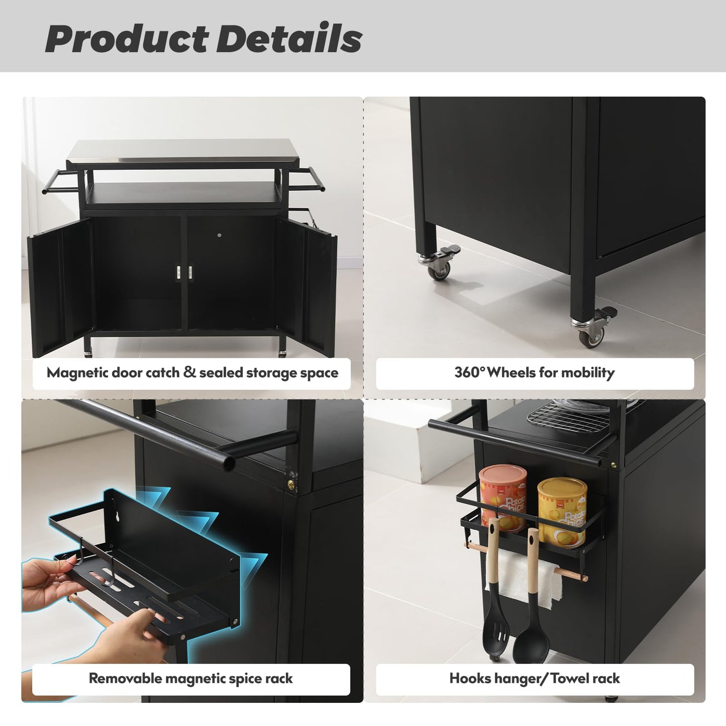 Nexaio XL Rolling Bar Grill Cart Outdoor Patio Furniture, Outdoor Grill Table with Stainless Steel Top for Kitchen Prep and Outdoor Storage Cabinet for Grilling Accessories, Black