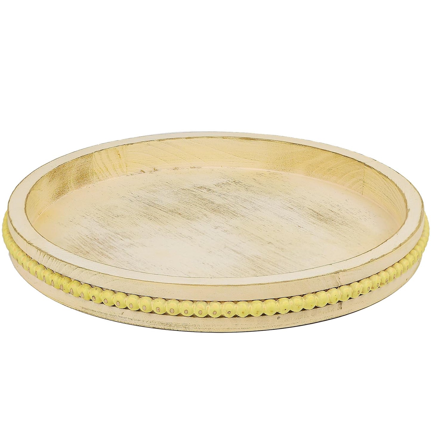 Round Wood Serving Tray with Beads, White Washed Wooden Decorative Tray for Entertaining, Decoration, and Gifting