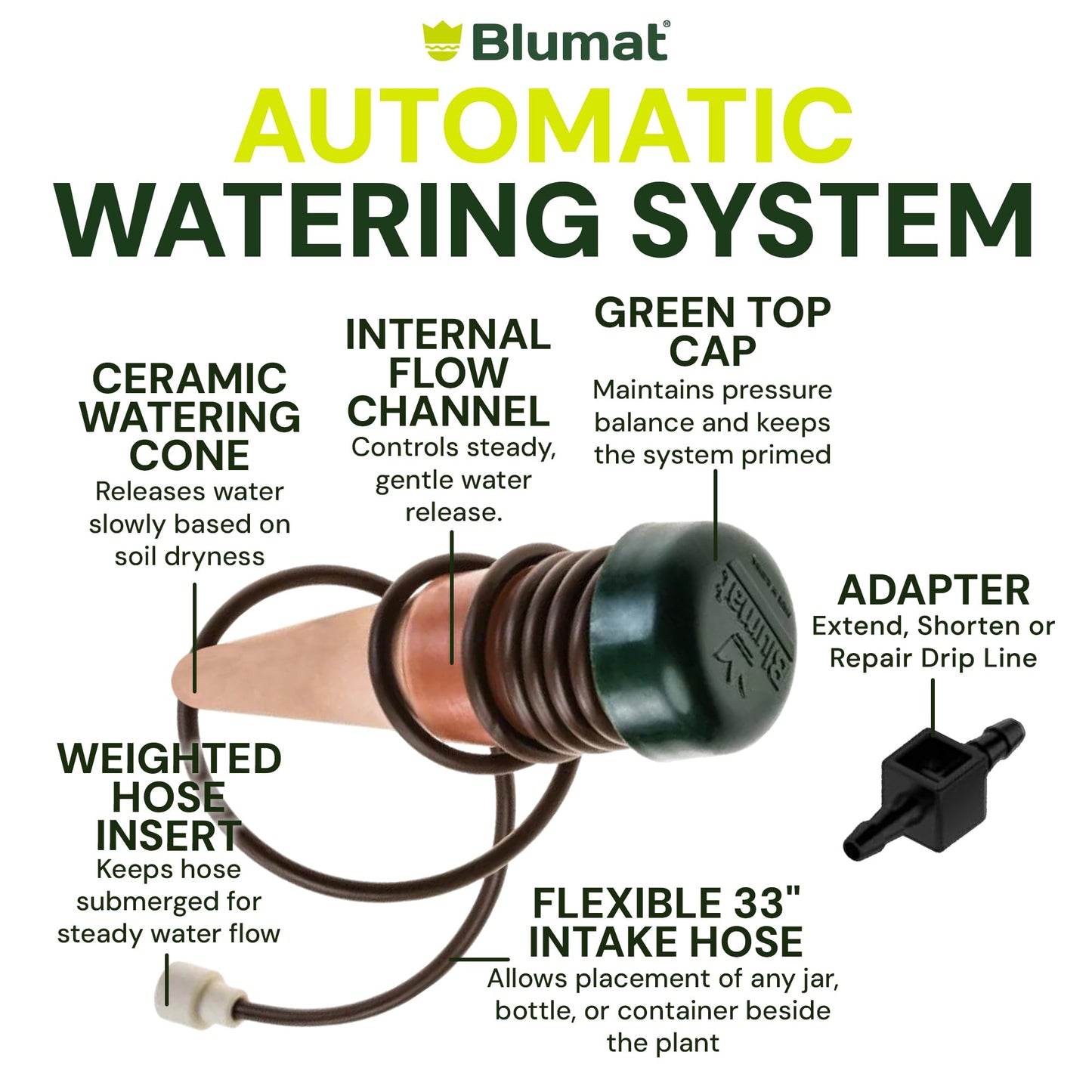 Blumat Classic Self-Watering Stakes - Automatic Drip Irrigation System for Indoor Plant Watering & Outdoor - Water Drip Solution for Potted Plants - Slow Release Stakes, 25 Pack, w Adapter