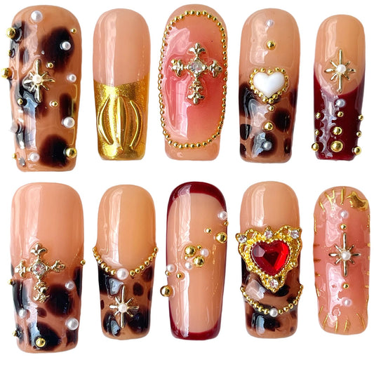 Handmade Press on Nails with Diamond & Gold Cross Chain - Amber Print Medium Long Square False Nails, Reusable Acrylic Luxury Glam Nail Art (Amber, S)