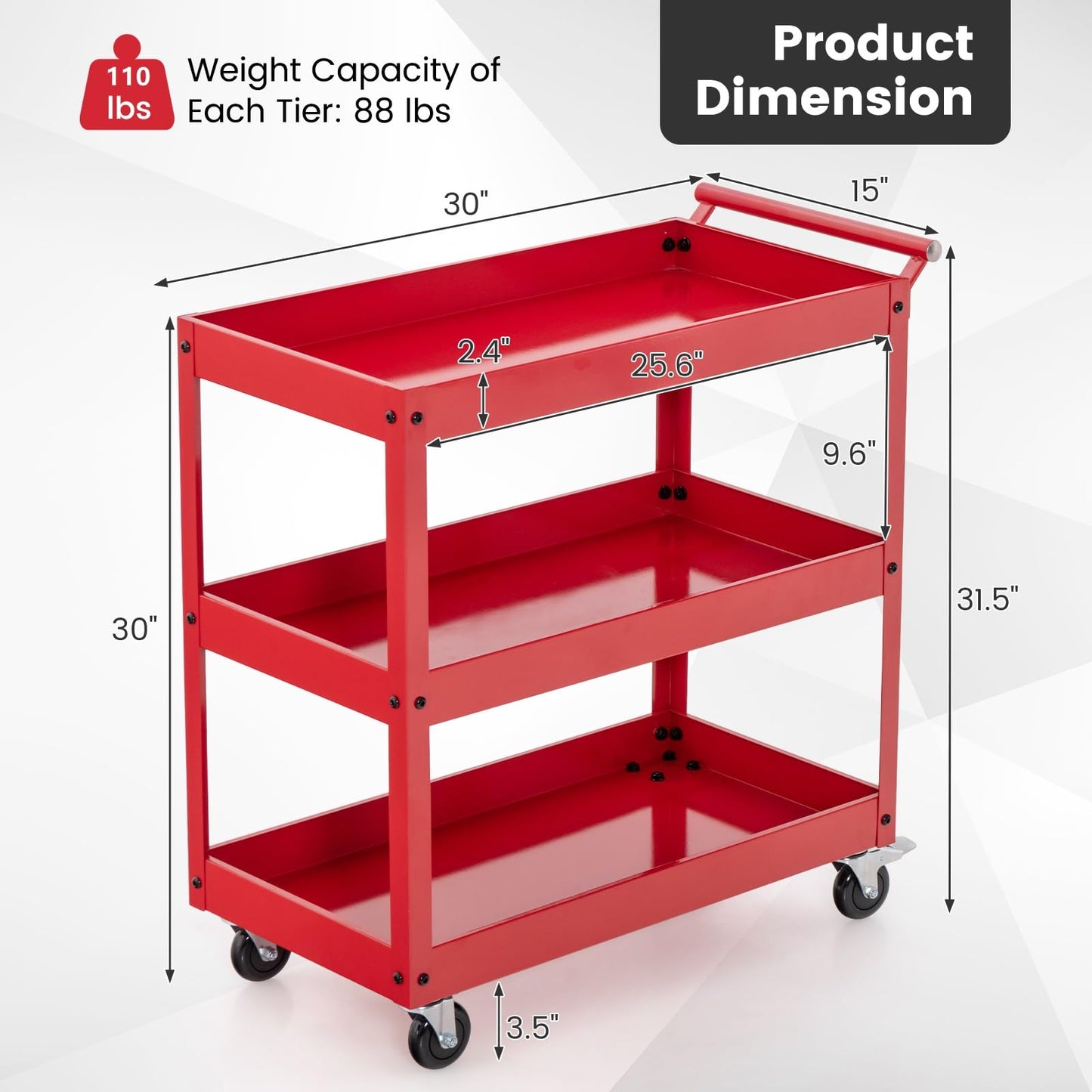 Goplus 3-Tier Utility Cart, Heavy Duty Commercial Service Tool Cart w/Lockable Wheels, 330lbs Load Capacity, Ergonomic Handle, Rolling Mechanic Tool Cart Storage Organizer for Warehouse Garage Red